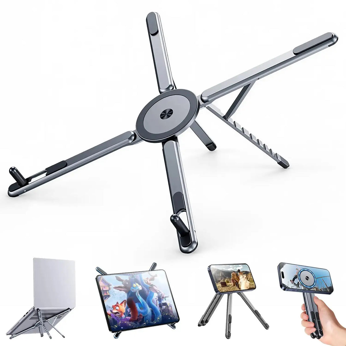 Ergonomic Portable Laptop Stand for Desk - Foldable Adjustable Aluminum PC Riser with Magnetic Phone Holder, Work & Office Accessories for Home Office (10-16” Laptops, 4-13” Phones/Tablets, Silver)