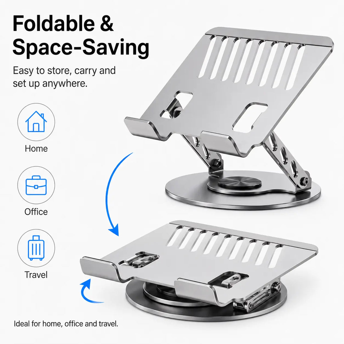 360° Rotating Laptop Stand with Adjustable Height, Foldable Aluminum Computer Riser for Desk, Ergonomic 2-in-1 Laptop and Phone Stand for Gaming Laptops, MacBook, Work From Home, Office, Study and Travel