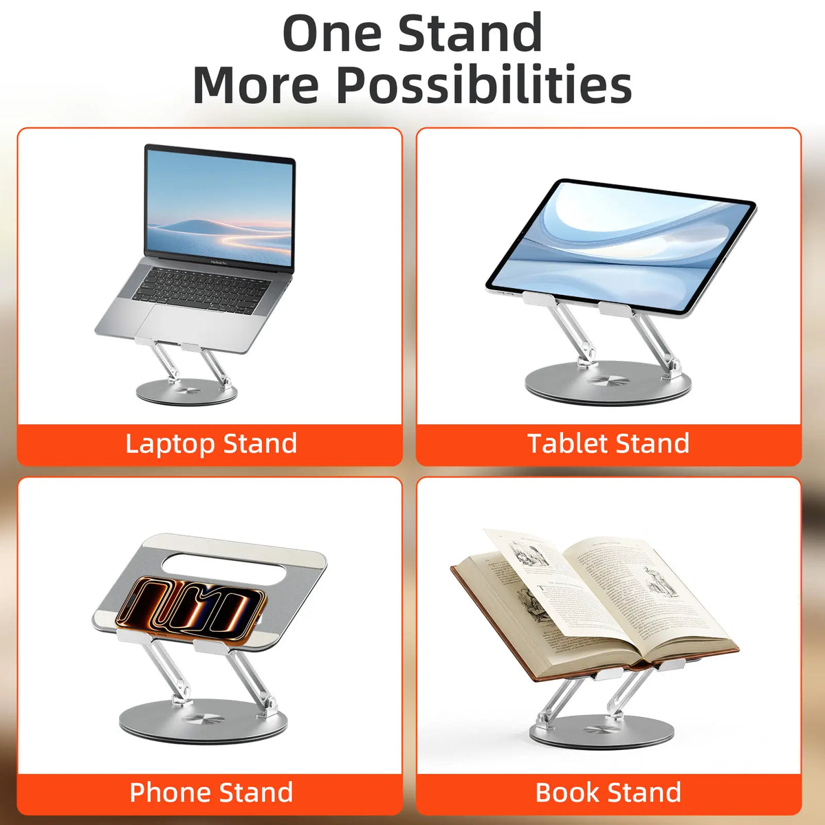 360° Rotating Laptop Stand, Adjustable Foldable Aluminum Laptop Riser, 2-in-1 Laptop & Phone Stand for Gaming & Office