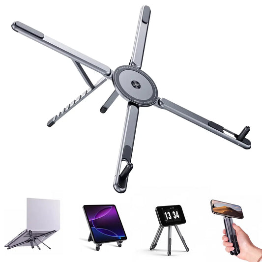 3-in-1 Folded Aluminum Alloy Laptop Stand for Desk - 8-Level Height Adjustable Portable Slim Magnetic Riser, Fits Mobile Phone/Tablet/Kindle, Velvet Accessory for Work Bags, Office Accessories for Desktop Stand Setup