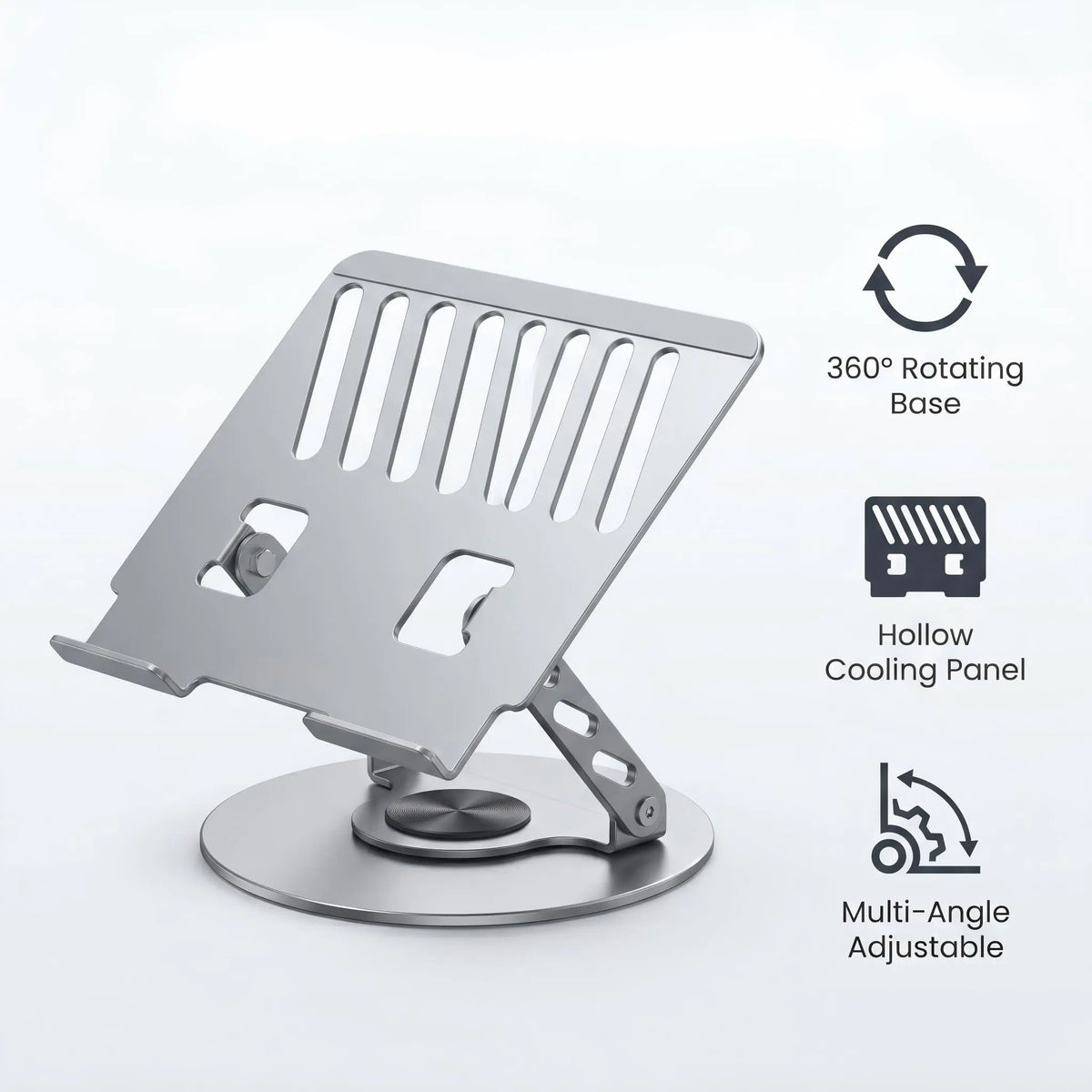 360° Rotatable Metal Laptop & Tablet Stand with Adjustable Hinge, Foldable Ergonomic Riser, Cooling Panel, Heavy-Duty Carbon Steel Desk Holder, Fits All Laptops & Tablets, Enhances Productivity for Office Use