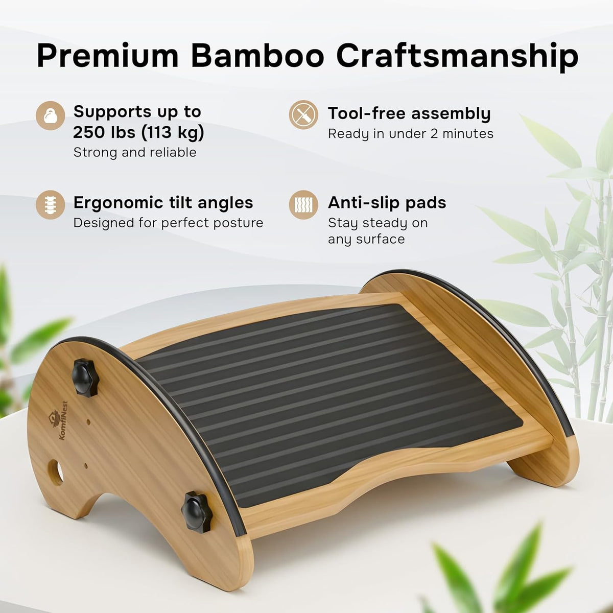 Bamboo Foot Rest for Under Desk at Work, Adjustable Foot Stool, 2-in-1 Reversible Rocking Footrest, Static Leg Rest, 16in Wide Surface, Non-Slip Breathable Pad, Home Office Ergonomic Support at Work