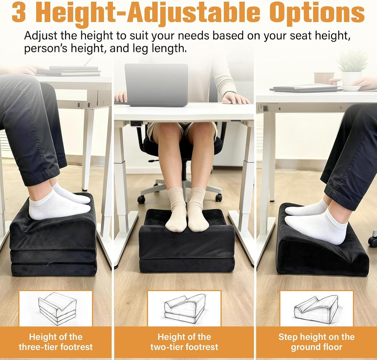 3-in-1 Height-Adjustable Foot Rest for Under Desk Filling with High-Density Foam for Office, Home, Travel, Removable Washable Cover for Back Pain Relief & Posture Support, Black