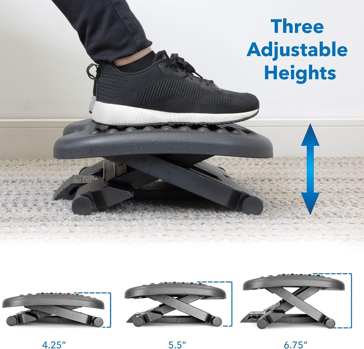 Mount-It! Ergonomic Under Desk Footrest with Massage Rollers, Adjustable Height & 30° Tilt Foot Rest Under Desk (4.25"–6.75"), Office Foot Stool with Non Slip Surface