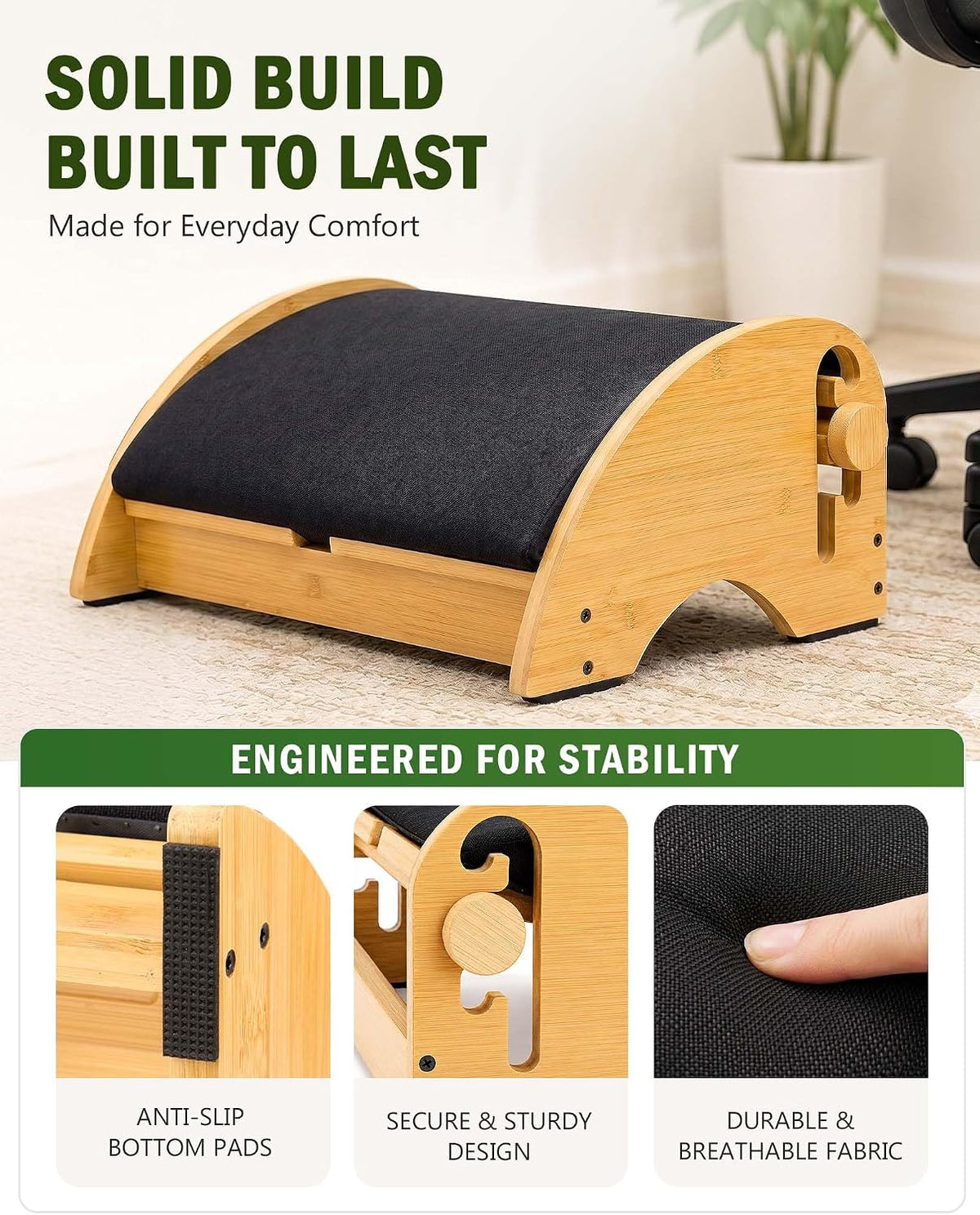Bulado Wooden Foot Rest Under Desk, Ergonomic 4-Height Adjustable Footrest