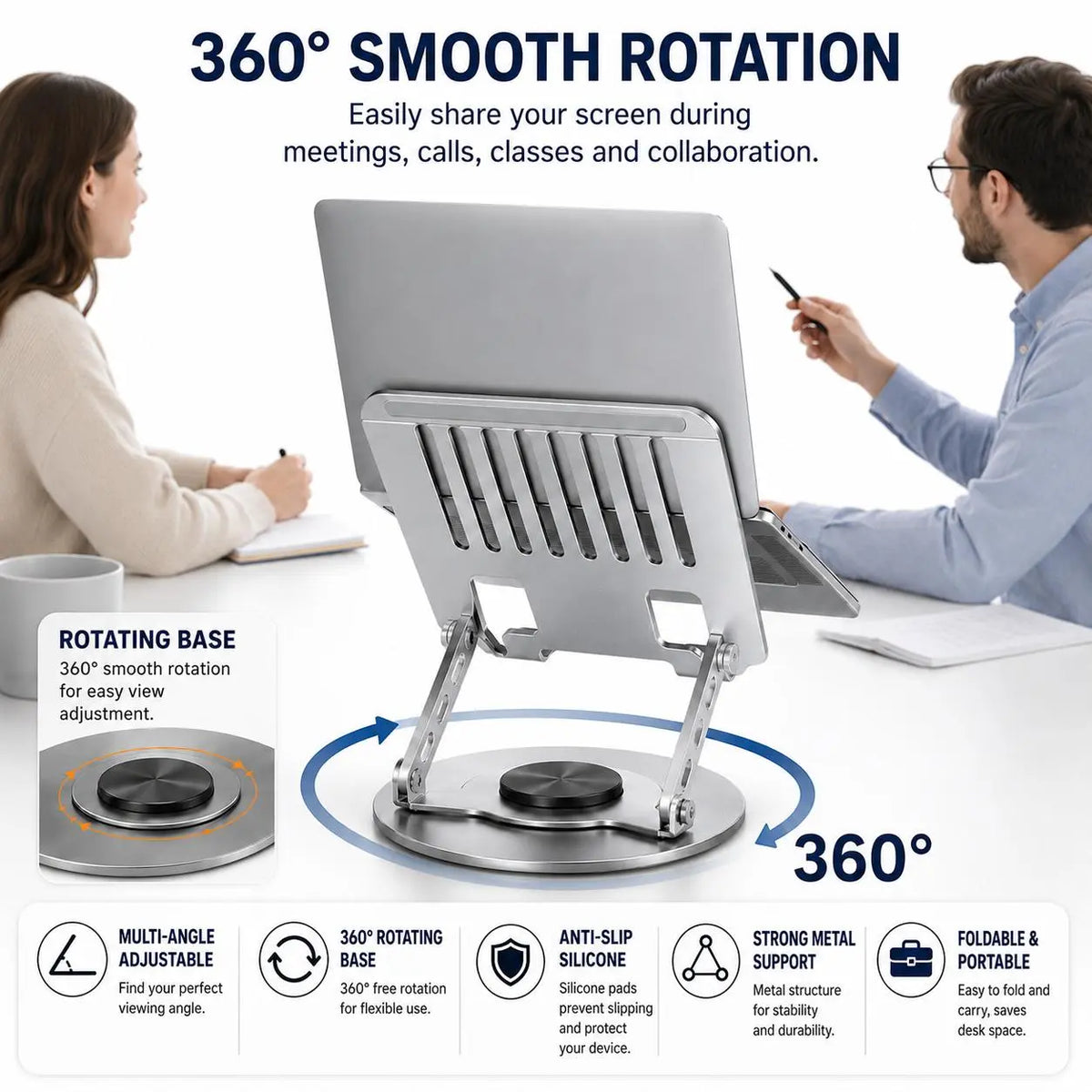 2-in-1 Multifunctional Aluminum Laptop Stand - 360° Swivel Base, Adjustable Foldable Design, Anti-Slip Protection, Broad Compatibility for Gaming Laptops & Mobile Devices, Ideal for Business Trips laptop stand hub