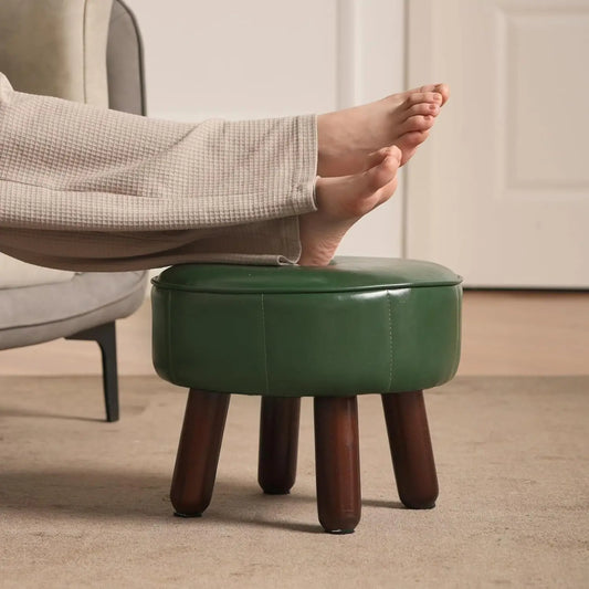 13in Small Foot Stool Ottoman,Round Faux Leather Footrest for Couch | Green Under Desk Pouf Footstool Foot Rest with Non-Skid Rubber Legs for Ling Room, Bedroom, 13''L x 13''W x 10.2''H