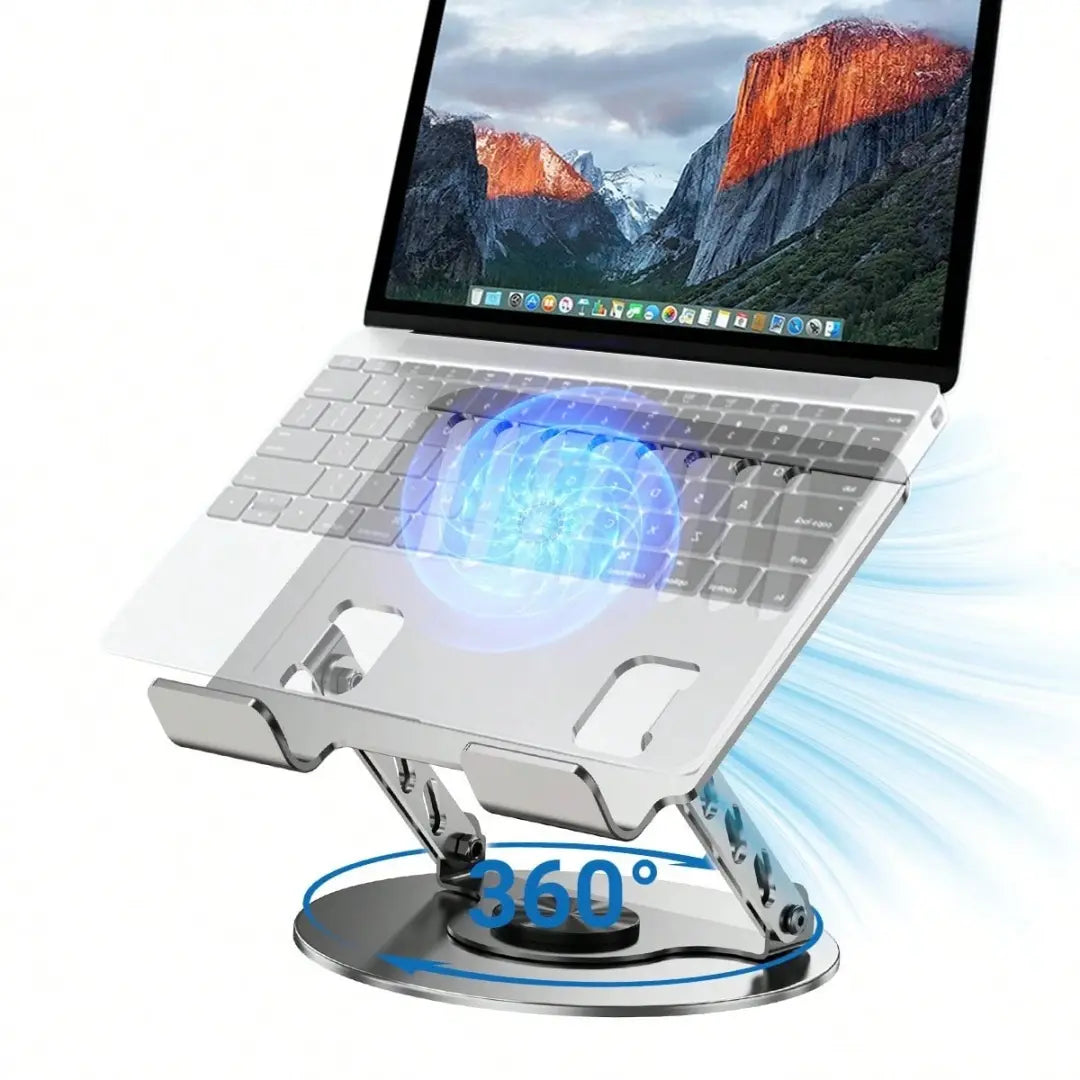 360° Rotating Computer Stand for Laptop and Tablet, Adjustable Height Aluminum Desk Riser with Multi-Angle Platform, Foldable Dual Arms, Ventilation Slots and Stable Non-Slip Round Base