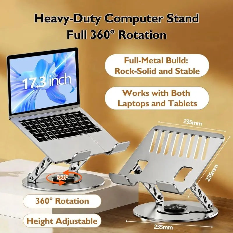 360 Rotating Laptop Stand for Desk, Ergonomic Height Adjustable, Swivel Aluminum Computer Riser with Heat Dissipation for 10-17.3 Inch Laptops, Anti Slip Base Desk Mount to Relieve Neck Strain, Home Office Desk Setup Essentials, Study Room College