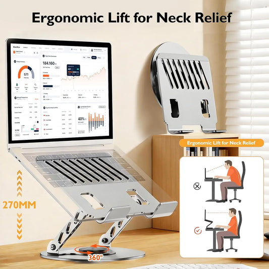 360° Rotating Computer Stand for Laptop and Tablet, Adjustable Height Aluminum Desk Riser with Multi-Angle Platform, Foldable Dual Arms, Ventilation Slots and Stable Non-Slip Round Base