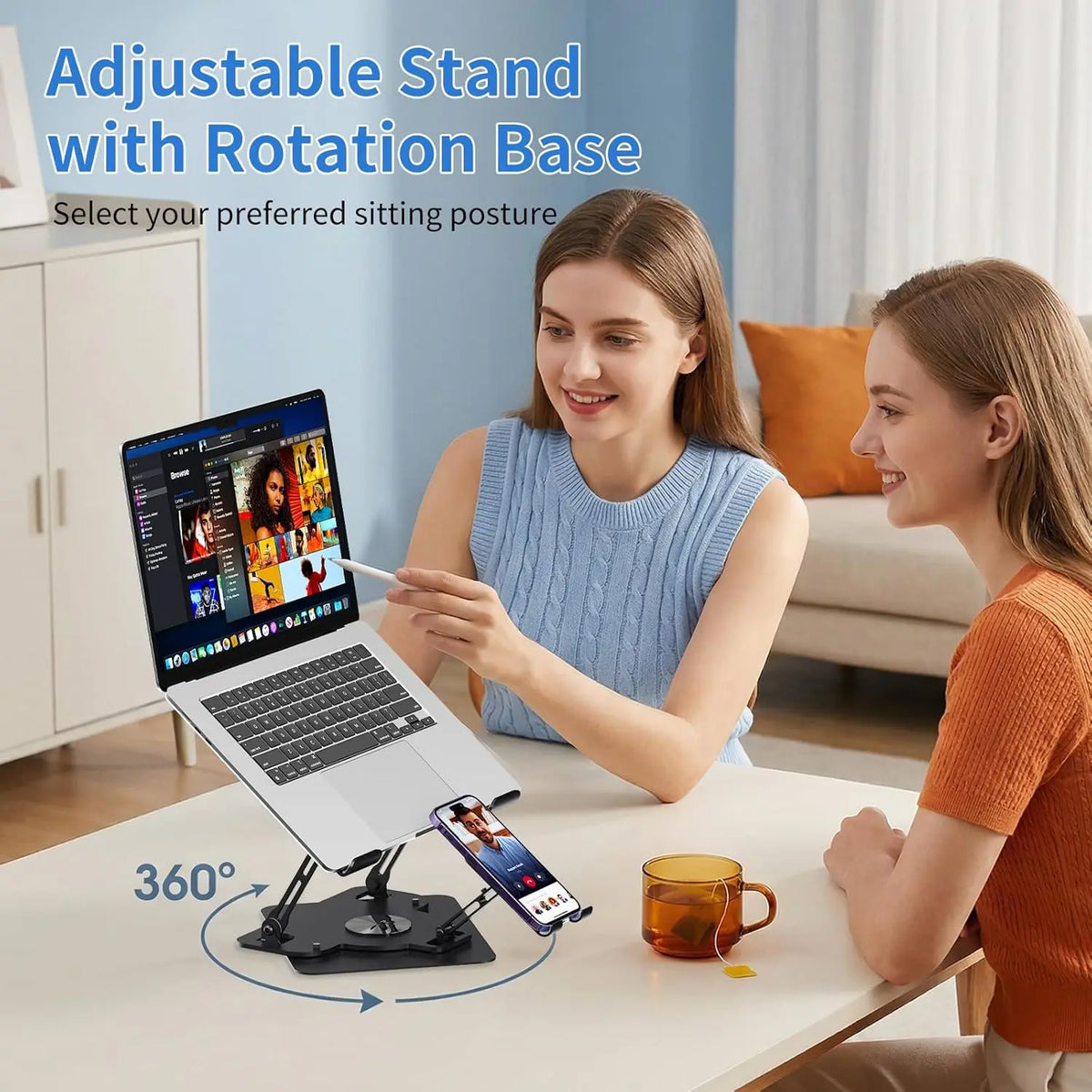 Ergonomic Carbon Steel Laptop Stand with Removable 20W Fast Cooling Thermoelectric Pad, Adjustable Height, 360° Rotation, Phone Holder & Adjustable Cooling System for 10-17in Laptops