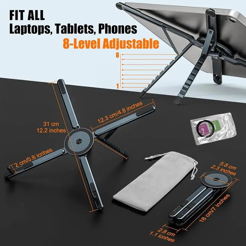 3-in-1 Magnetic Phone Laptop Stand for Desk, 8-Level Height Adjustable Aluminum Alloy Computer Riser, Foldable Portable MagSafe Phone Holder for Laptop Tablet iPhone