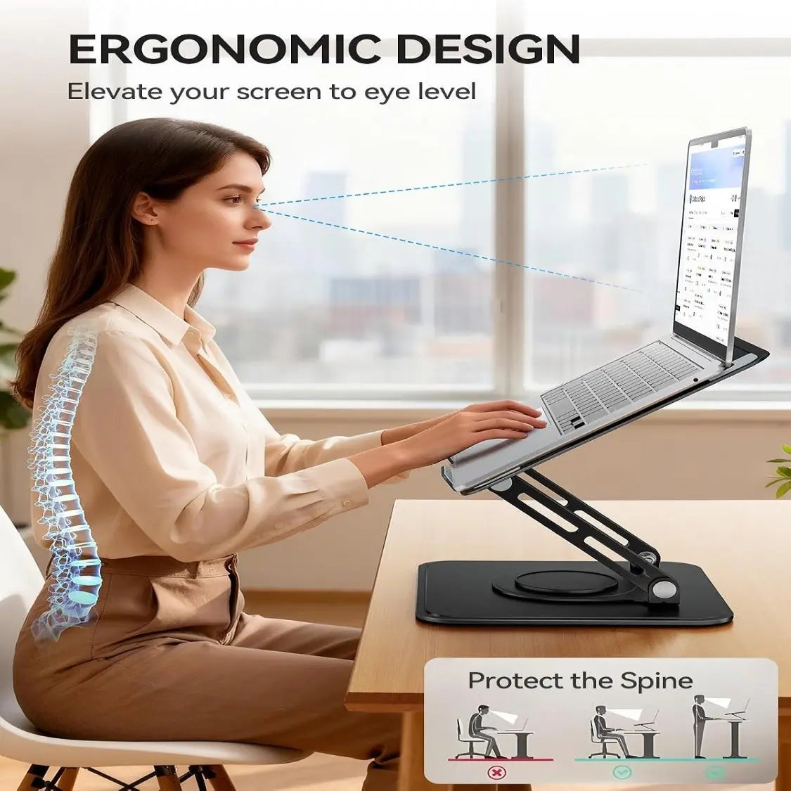Adjustable Laptop Stand for Desk, 360° Rotating Base, Ergonomic Riser for Macbook Pro Air, Compatible with 10-15.6" Laptops