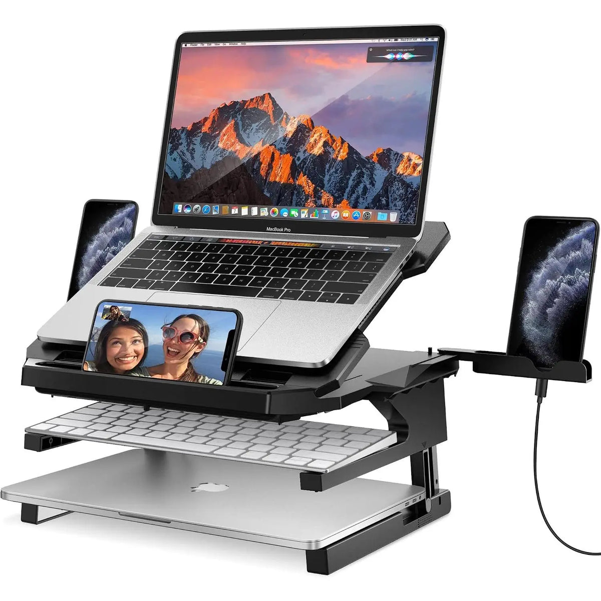 Laptop Stand, 20 Angles Two-Layer Height Adjustable Laptop Stands, Portable Laptop Riser with 360 Rotating Base Storage Space & Extra Phone Holders Compatible with 10''-17'' Laptops Black