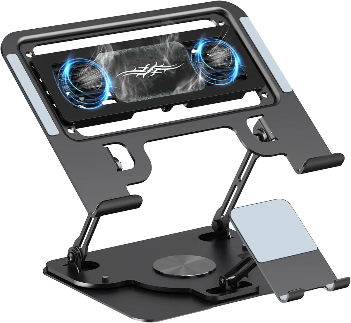 Ergonomic Carbon Steel Laptop Stand with Removable 20W Fast Cooling Thermoelectric Pad, Adjustable Height, 360° Rotation, Phone Holder & Adjustable Cooling System for 10-17in Laptops