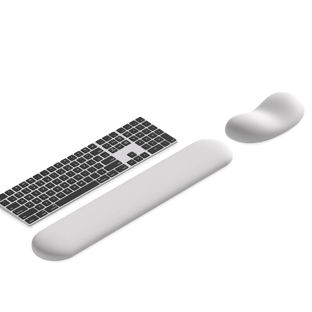 Ergonomic Wrist Rest Set for Keyboard and Mouse | Cooling Gel & Slow-Rebound Memory Foam Palm Support Pad | Luxe Leather, Minimalist, Non-Slip PU Base for Office, Laptop & Gaming (03White)