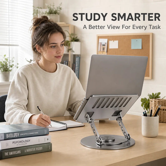 360° Rotating Computer Stand for Laptop and Tablet, Adjustable Height Aluminum Desk Riser with Multi-Angle Platform, Foldable Dual Arms, Ventilation Slots and Stable Non-Slip Round Base