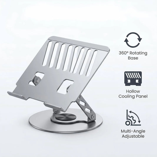 360° Rotatable Metal Laptop & Tablet Stand with Adjustable Hinge, Foldable Ergonomic Riser, Cooling Panel, Heavy-Duty Carbon Steel Desk Holder, Fits All Laptops & Tablets, Enhances Productivity for Office Use