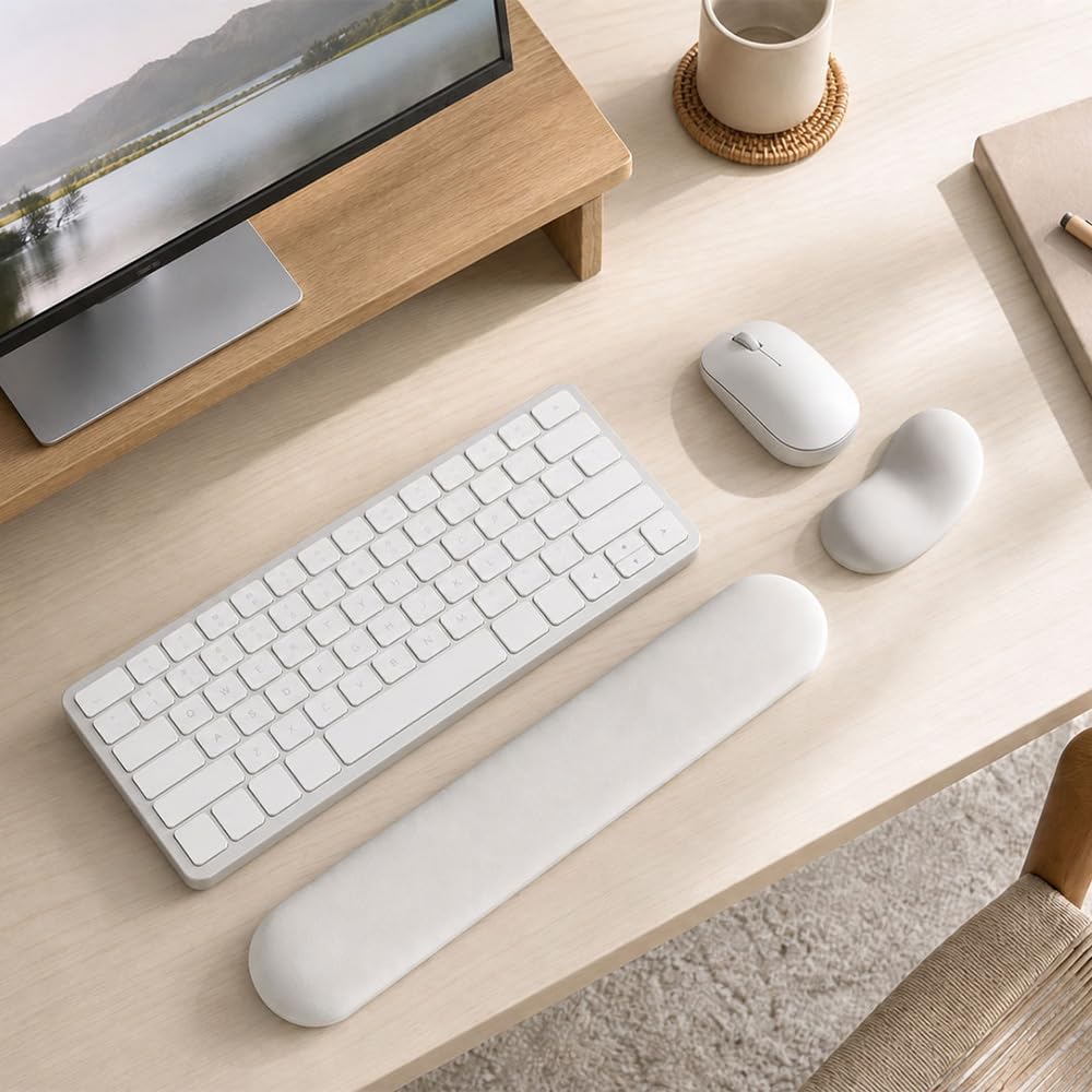 Ergonomic Wrist Rest Set for Keyboard and Mouse | Cooling Gel & Slow-Rebound Memory Foam Palm Support Pad | Luxe Leather, Minimalist, Non-Slip PU Base for Office, Laptop & Gaming (03White)
