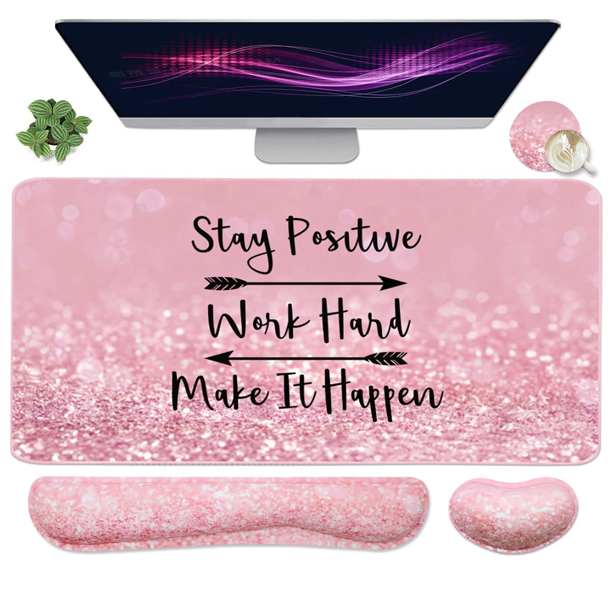 Large Mouse Pad and Keyboard Wrist Rest, Desk Pad for Keyboard and Mouse, 4-in-1 Large Gaming Mouse Pad with Wrist Support, Desk Mat for Home Office Study Game-Black