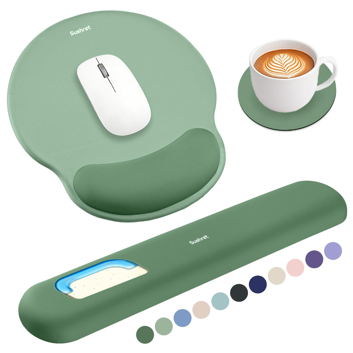 Sushret Mouse Pad and Keyboard Wrist Rest, 3-in-1 Gel Memory Foam Ergonomic Mouse Pad with Wrist Rest Set,Gaming Mousepad Arm Cushion Support for Computer Office Desk Accessories Cute Setup,Sage Green