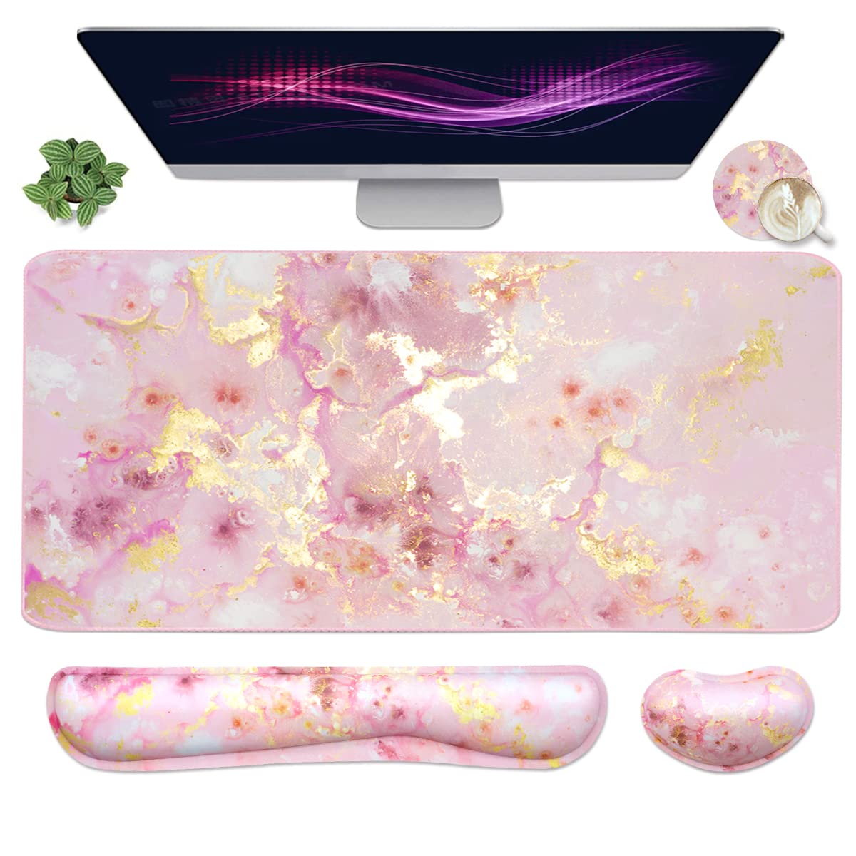 Large Mouse Pad and Keyboard Wrist Rest, Desk Pad for Keyboard and Mouse, 4-in-1 Large Gaming Mouse Pad with Wrist Support, Desk Mat for Home Office Study Game-Black