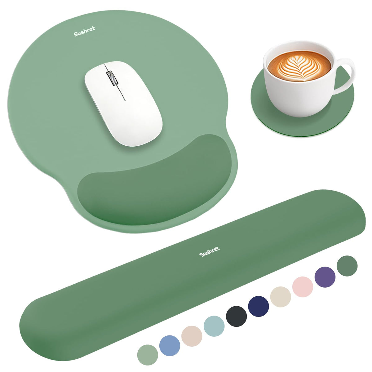 Sushret Mouse Pad and Keyboard Wrist Rest, 3-in-1 Gel Memory Foam Ergonomic Mouse Pad with Wrist Rest Set,Gaming Mousepad Arm Cushion Support for Computer Office Desk Accessories Cute Setup,Sage Green