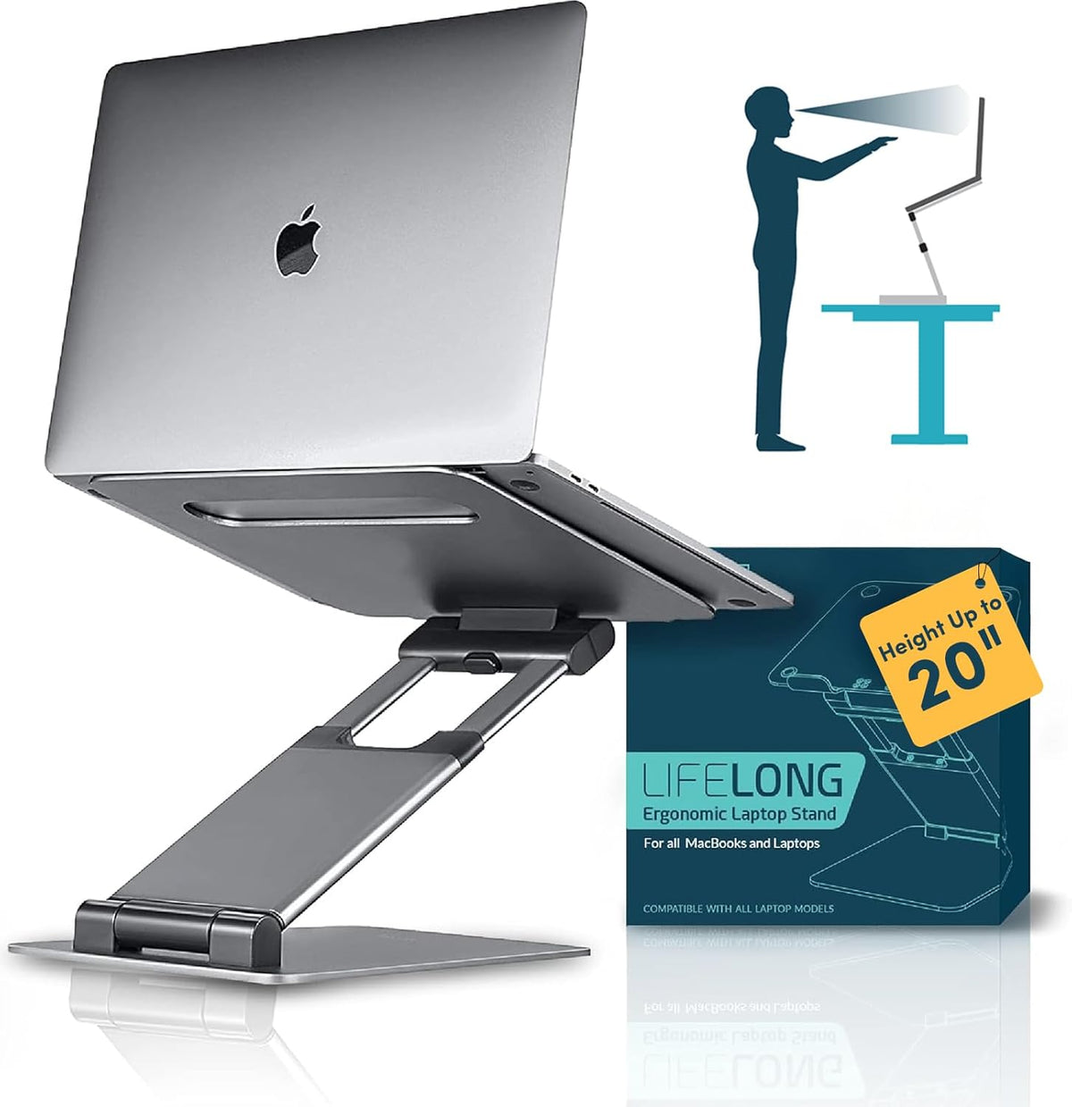 Lifelong Aluminum Adjustable Laptop Stand, Extra Tall 20" Riser, Grey