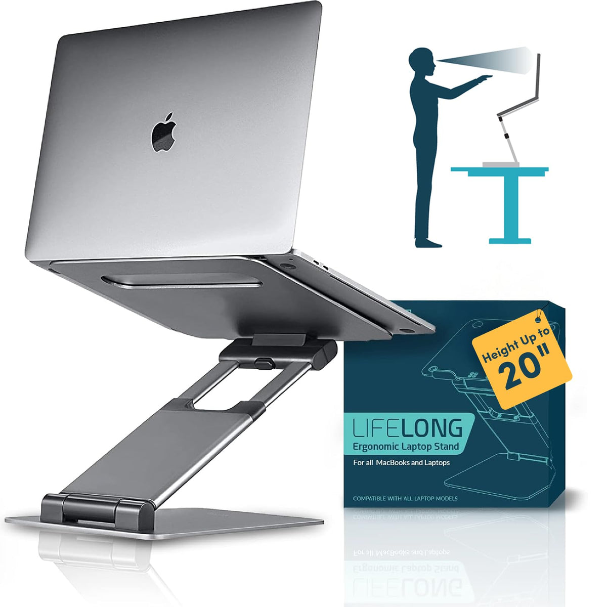 Lifelong Aluminum Adjustable Laptop Stand, Extra Tall 20" Riser, Grey
