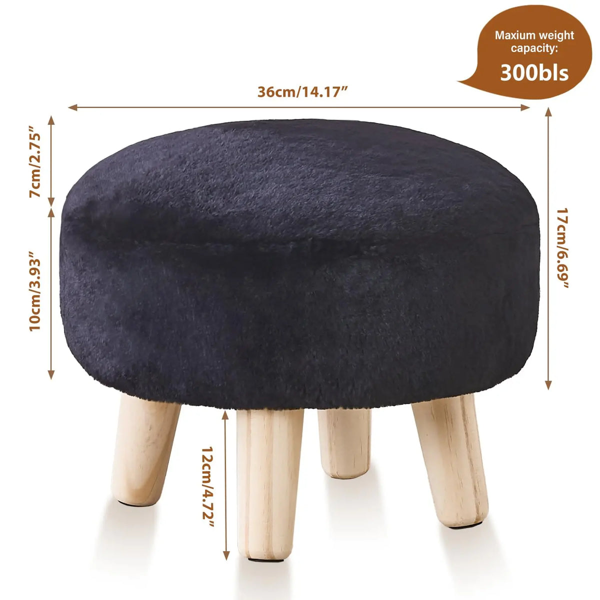Small Size Upholstered Round Mushroom Furniture Ottoman - Multifunctional Stool with Solid Wood Legs, Pouf Ottoman Foot Rest for Living Room, Bedroom (Black)