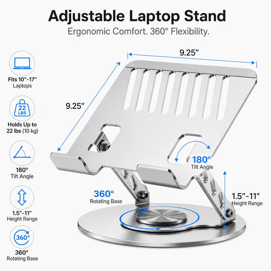 360° Rotating Laptop Stand with Adjustable Height, Foldable Aluminum Computer Riser for Desk, Ergonomic 2-in-1 Laptop and Phone Stand for Gaming Laptops, MacBook, Work From Home, Office, Study and Travel