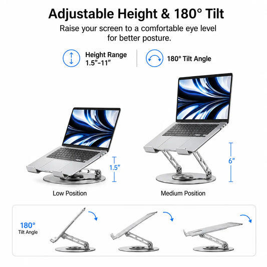 360° Rotating Laptop Stand with Adjustable Height, Foldable Aluminum Computer Riser for Desk, Ergonomic 2-in-1 Laptop and Phone Stand for Gaming Laptops, MacBook, Work From Home, Office, Study and Travel