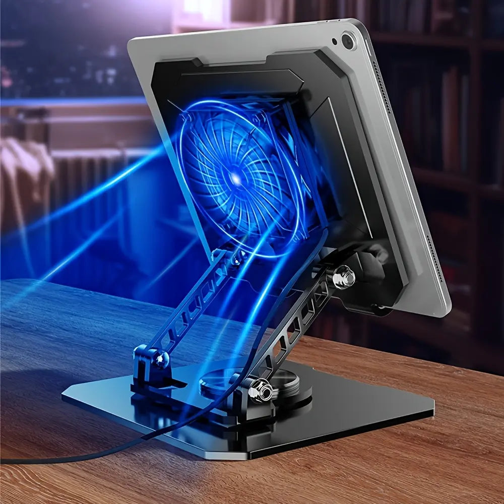 Durable Carbon Steel Tablet & Laptop Stand - USB-Powered Dual Fans Cooling Pad, 360° Rotating Base, Adjustable Height, Ergonomic Desk Office Accessory for Ipads, Tablets/Laptops