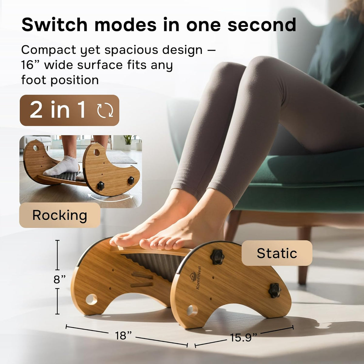 Bamboo Foot Rest for Under Desk at Work, Adjustable Foot Stool, 2-in-1 Reversible Rocking Footrest, Static Leg Rest, 16in Wide Surface, Non-Slip Breathable Pad, Home Office Ergonomic Support at Work