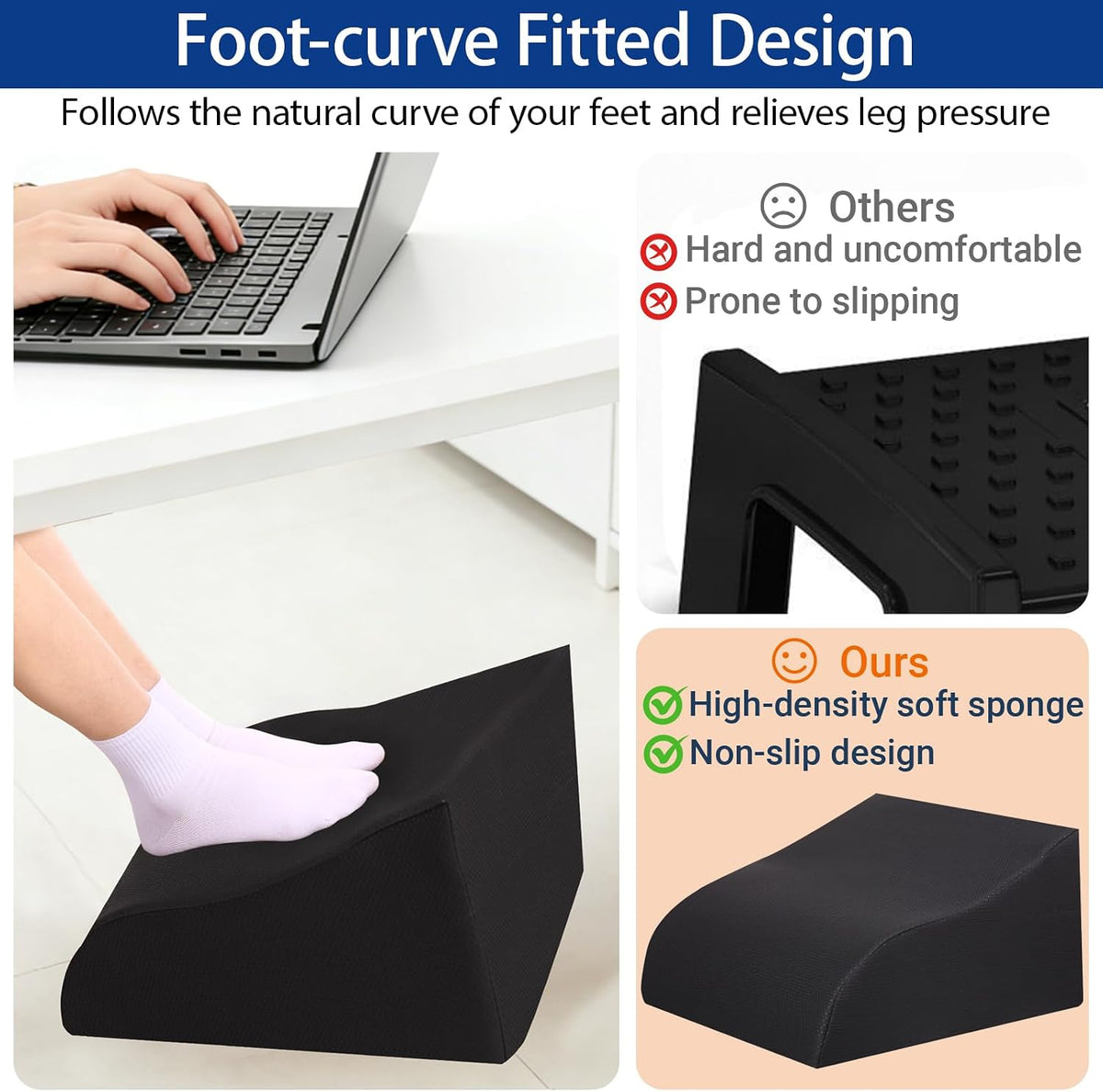 Foot Rest for Under Desk at Work, Ergonomic Under Desk Footrest with Washable Cover for Office, Home & Gaming Leg Elevation Pillow Black