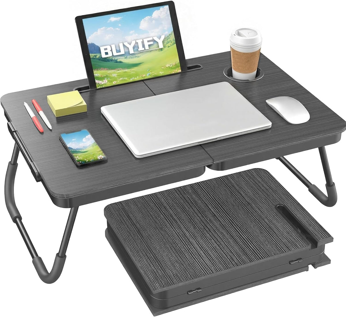 BUYIFY 23.4" Foldable Lap Desk Bed Table with Cup Holder Tray Black