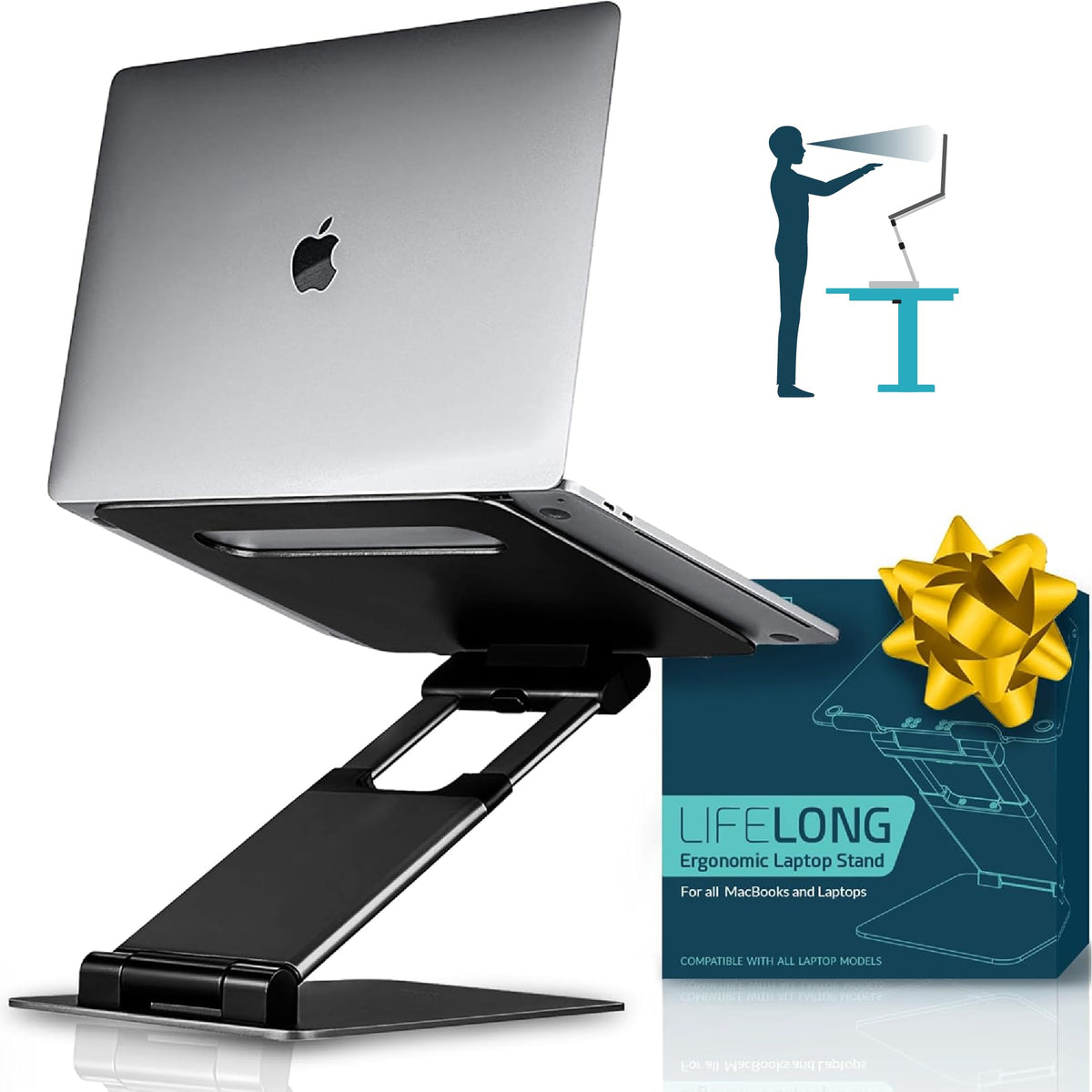 Lifelong Aluminum Adjustable Laptop Stand, Extra Tall 20" Riser, Grey
