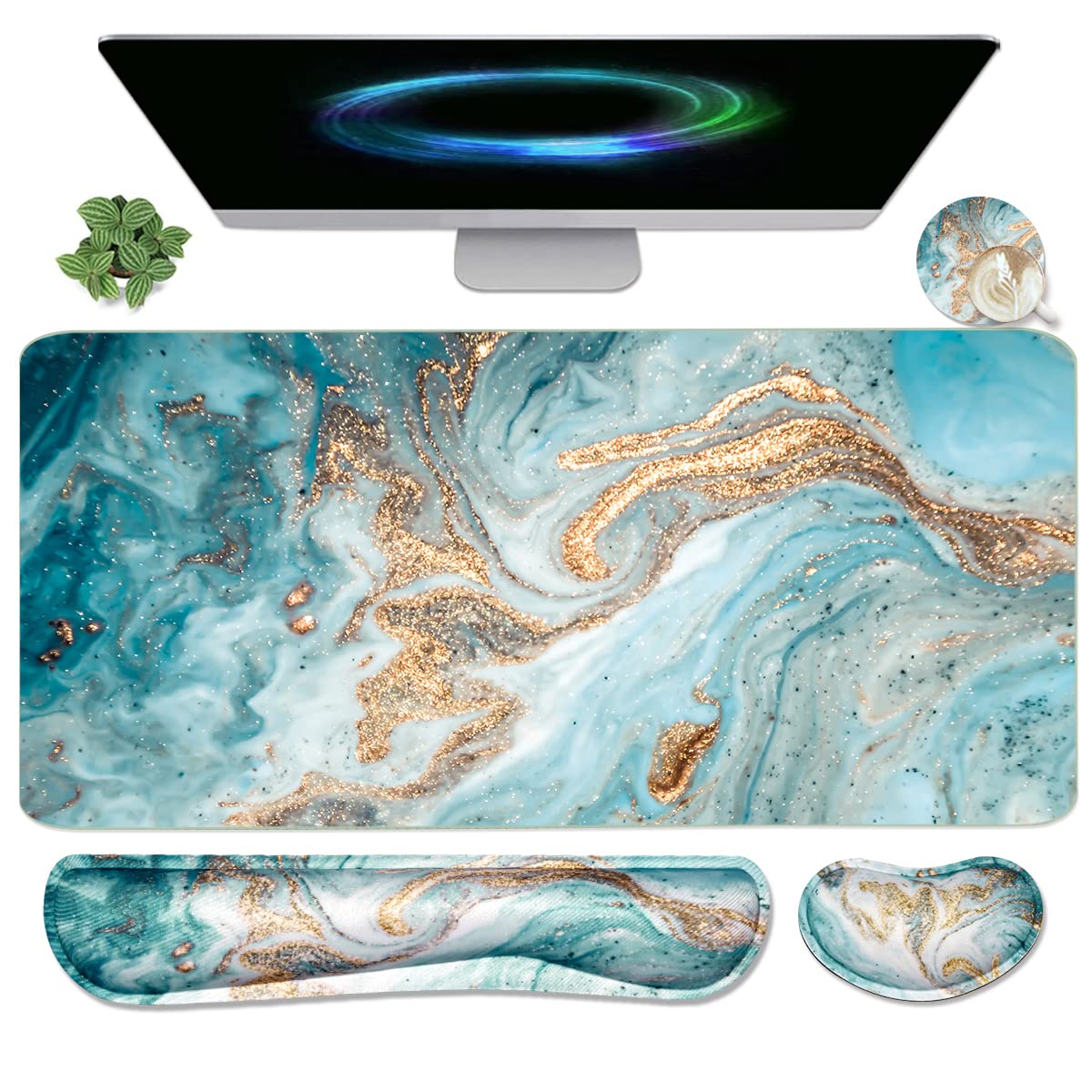 4-in-1 Large Gaming Mouse Pad, Keyboard Wrist Rest Pad & Wrist Support Mousepad Set, Extended Desk Pad Waterproof Desk Mat for Home Office Study Game-Black