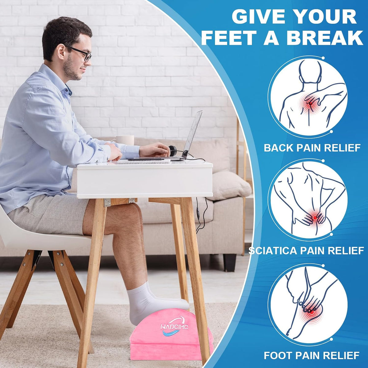 Foot Rest for Under Desk at Work, Foot Stool with Washable Cover, Comfortable Office Desk Accessories, Footrest with 3 Adjustable Heights, for Offices Gaming Chair, for Leg Support