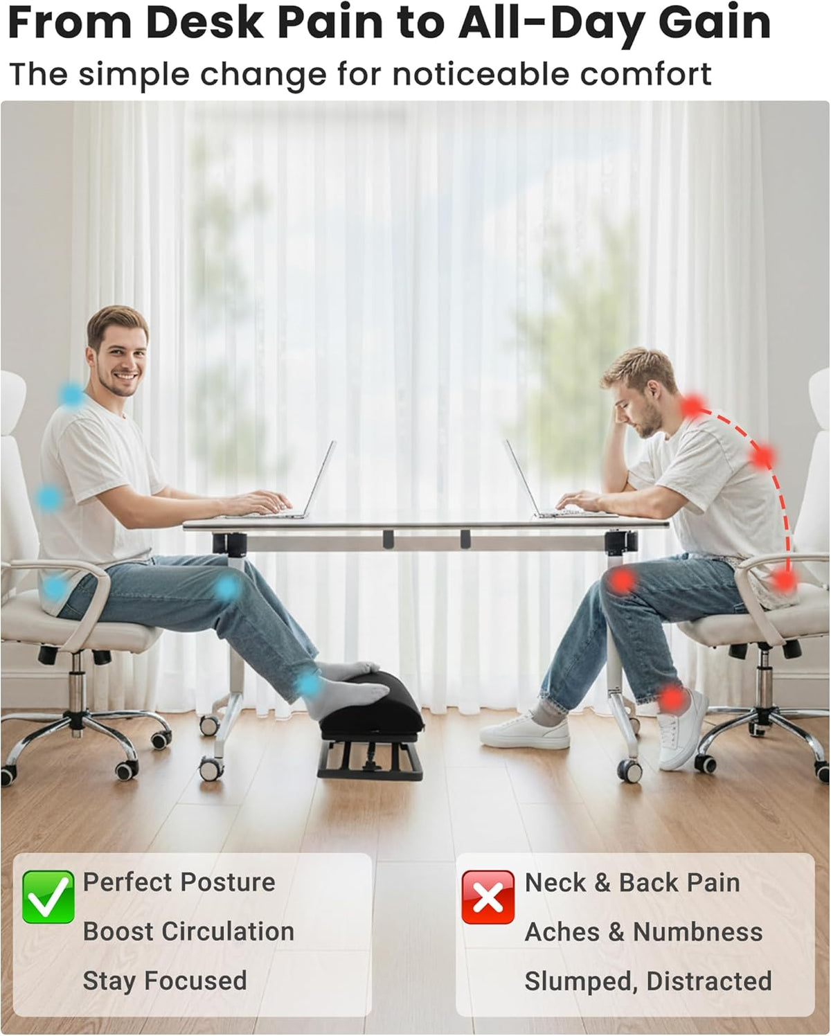 Step-to-Adjust Foot Rest—Truly Infinite Height, No Bending Needed