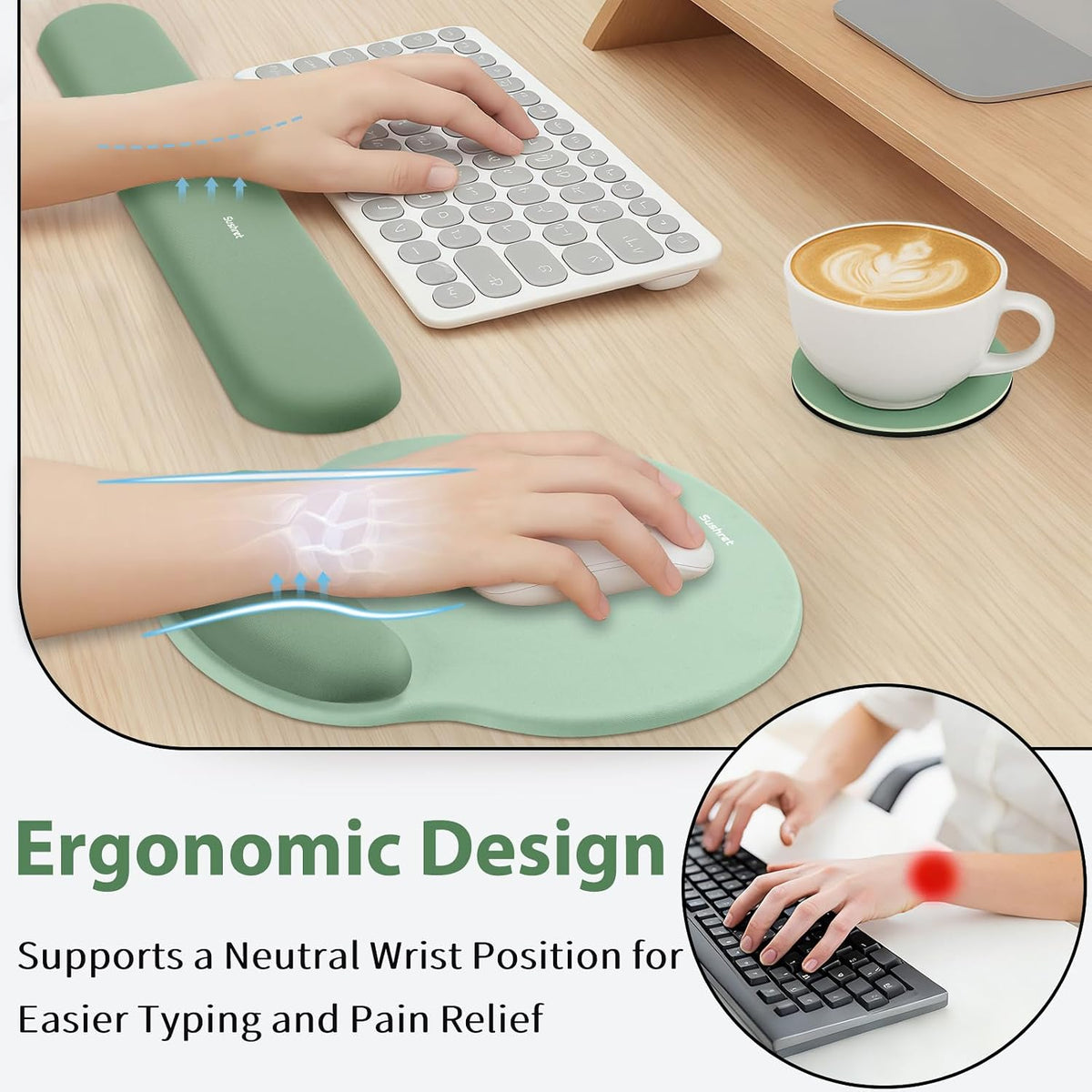 Sushret Mouse Pad and Keyboard Wrist Rest, 3-in-1 Gel Memory Foam Ergonomic Mouse Pad with Wrist Rest Set,Gaming Mousepad Arm Cushion Support for Computer Office Desk Accessories Cute Setup,Sage Green