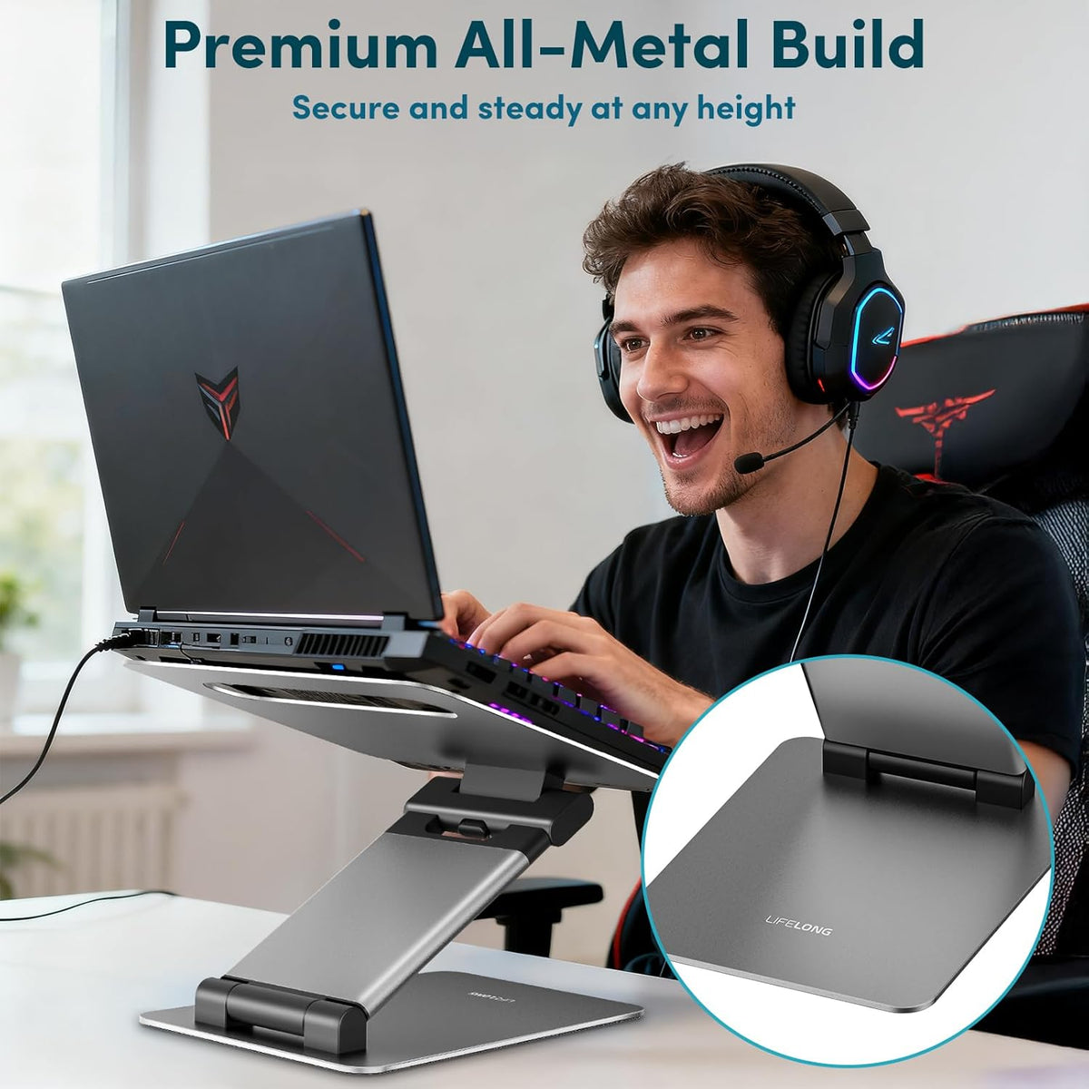 Lifelong Aluminum Adjustable Laptop Stand, Extra Tall 20" Riser, Grey