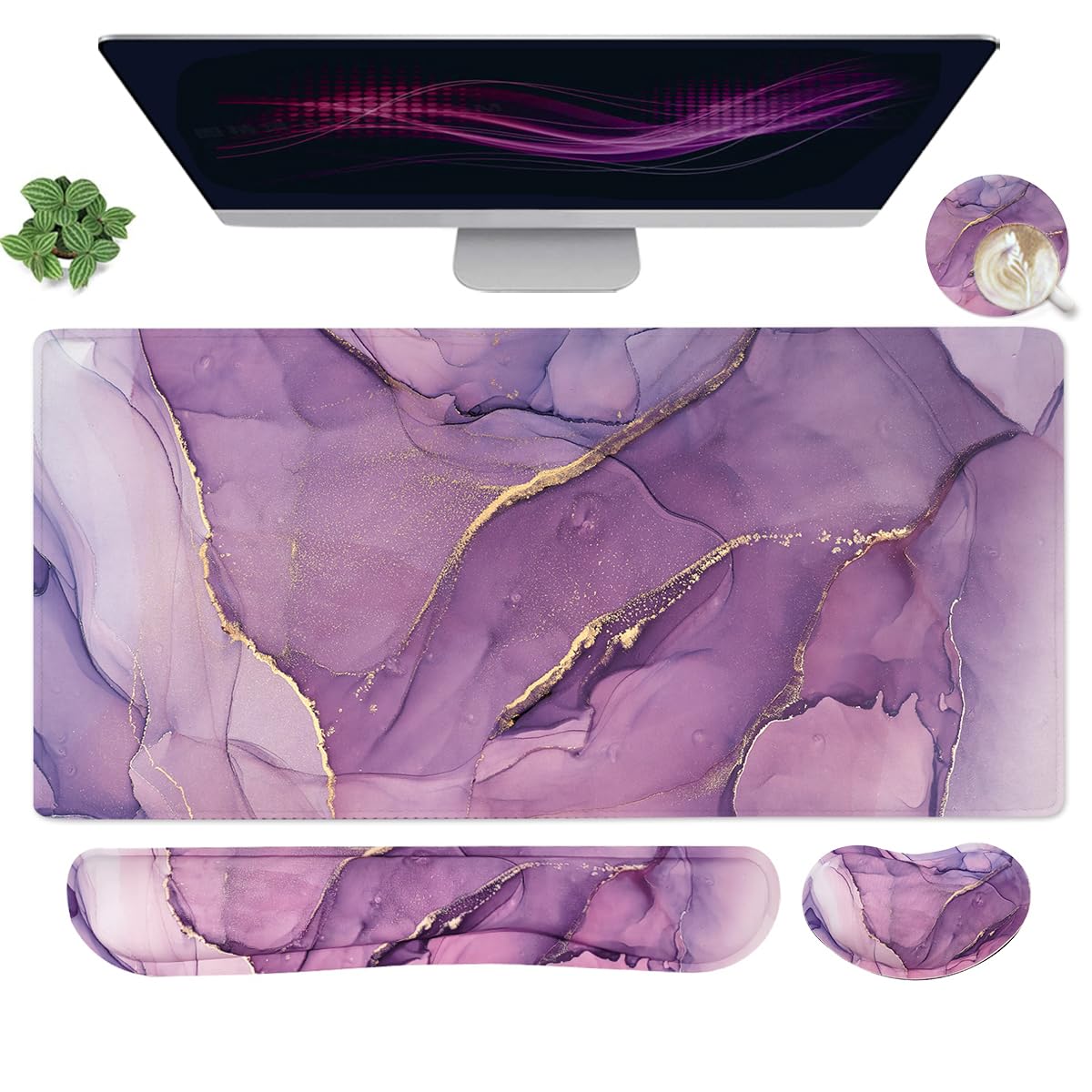 Large Mouse Pad and Keyboard Wrist Rest, Desk Pad for Keyboard and Mouse, 4-in-1 Large Gaming Mouse Pad with Wrist Support, Desk Mat for Home Office Study Game-Black