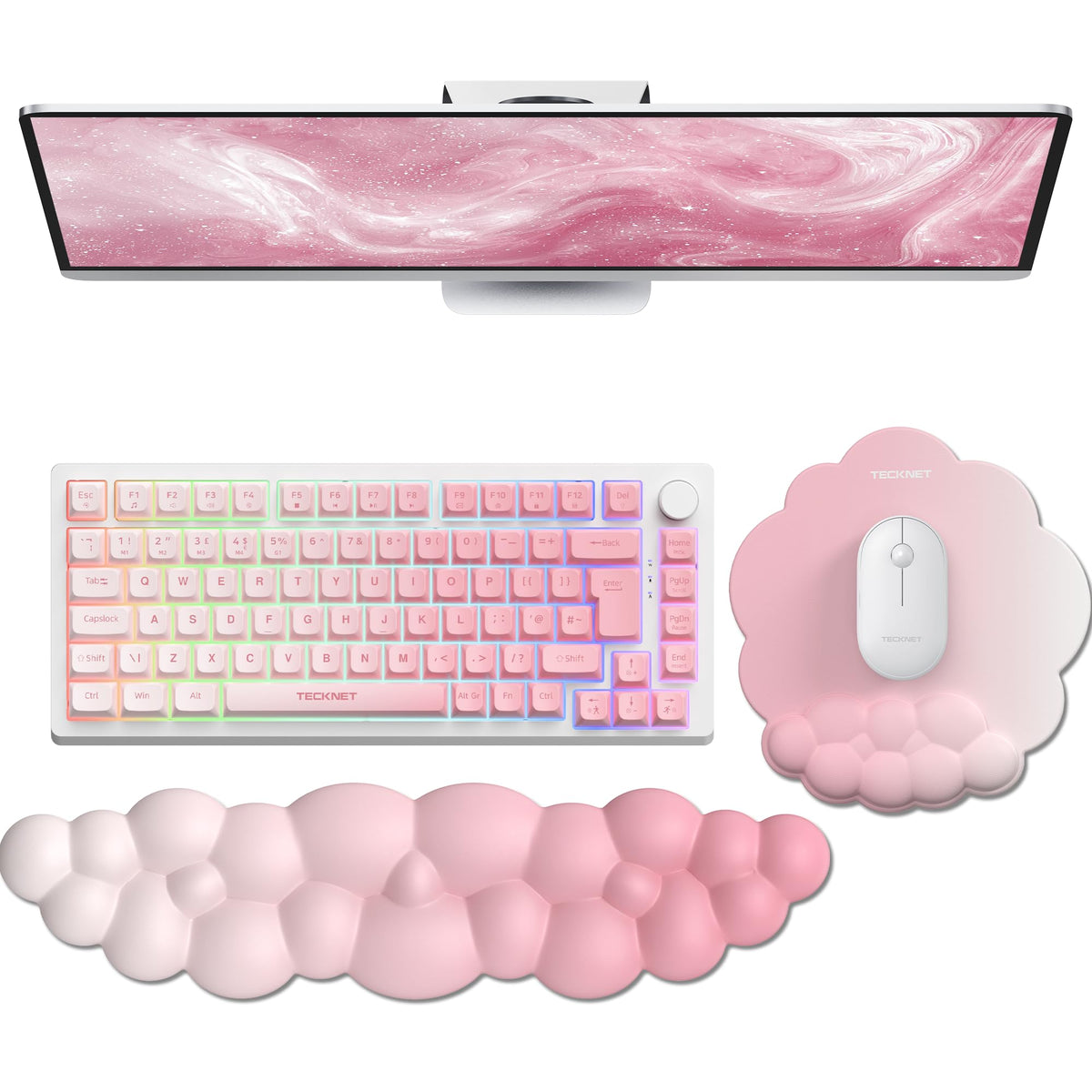 TECKNET Cloud Mouse Pad with Wrist Rest, Ergonomic Cloud Wrist Rest with Non-Slip Base, PU Leather Memory Foam Mouse Pad Wrist Support for Keyboard and Mouse, Pain Relief for Typing, Gaming, White