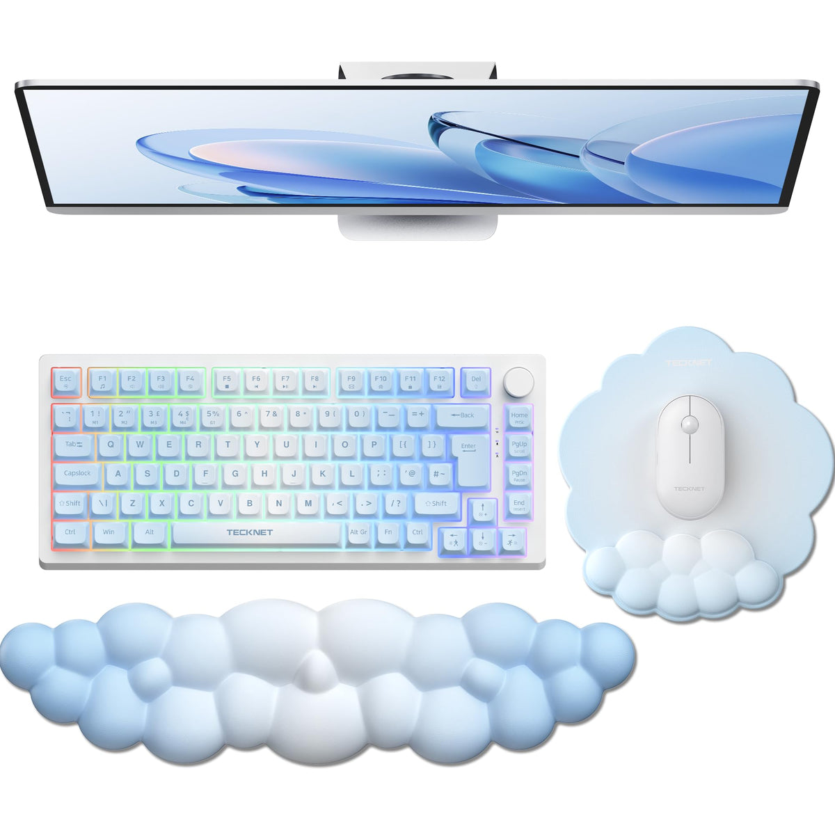 TECKNET Cloud Mouse Pad with Wrist Rest, Ergonomic Cloud Wrist Rest with Non-Slip Base, PU Leather Memory Foam Mouse Pad Wrist Support for Keyboard and Mouse, Pain Relief for Typing, Gaming, White