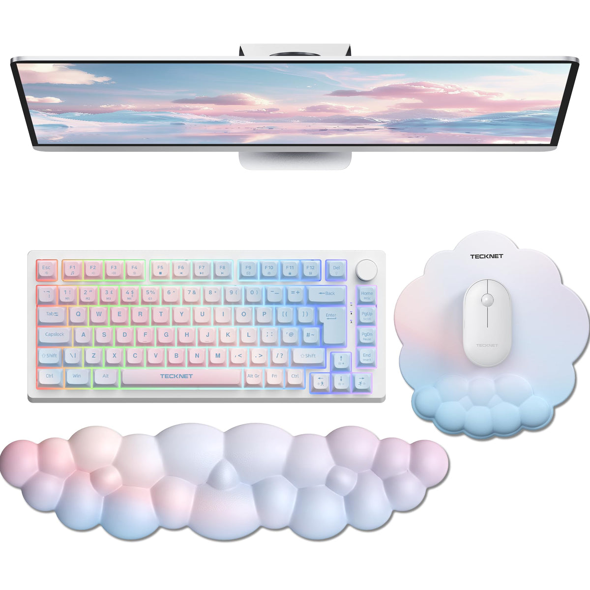 TECKNET Cloud Mouse Pad with Wrist Rest, Ergonomic Cloud Wrist Rest with Non-Slip Base, PU Leather Memory Foam Mouse Pad Wrist Support for Keyboard and Mouse, Pain Relief for Typing, Gaming, White
