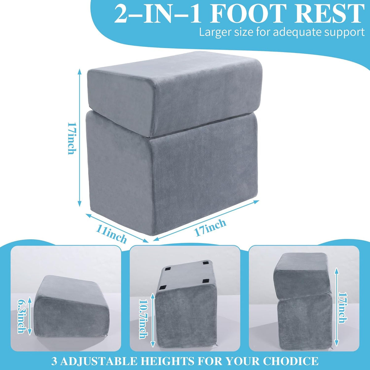 Under Desk Foot Rest, ROYALAY Ergonomic Office Footrest with 3 Adjustable Heights, High-Density Memory Foam Leg Rest for Home, Travel, Airplane with Washable Cover
