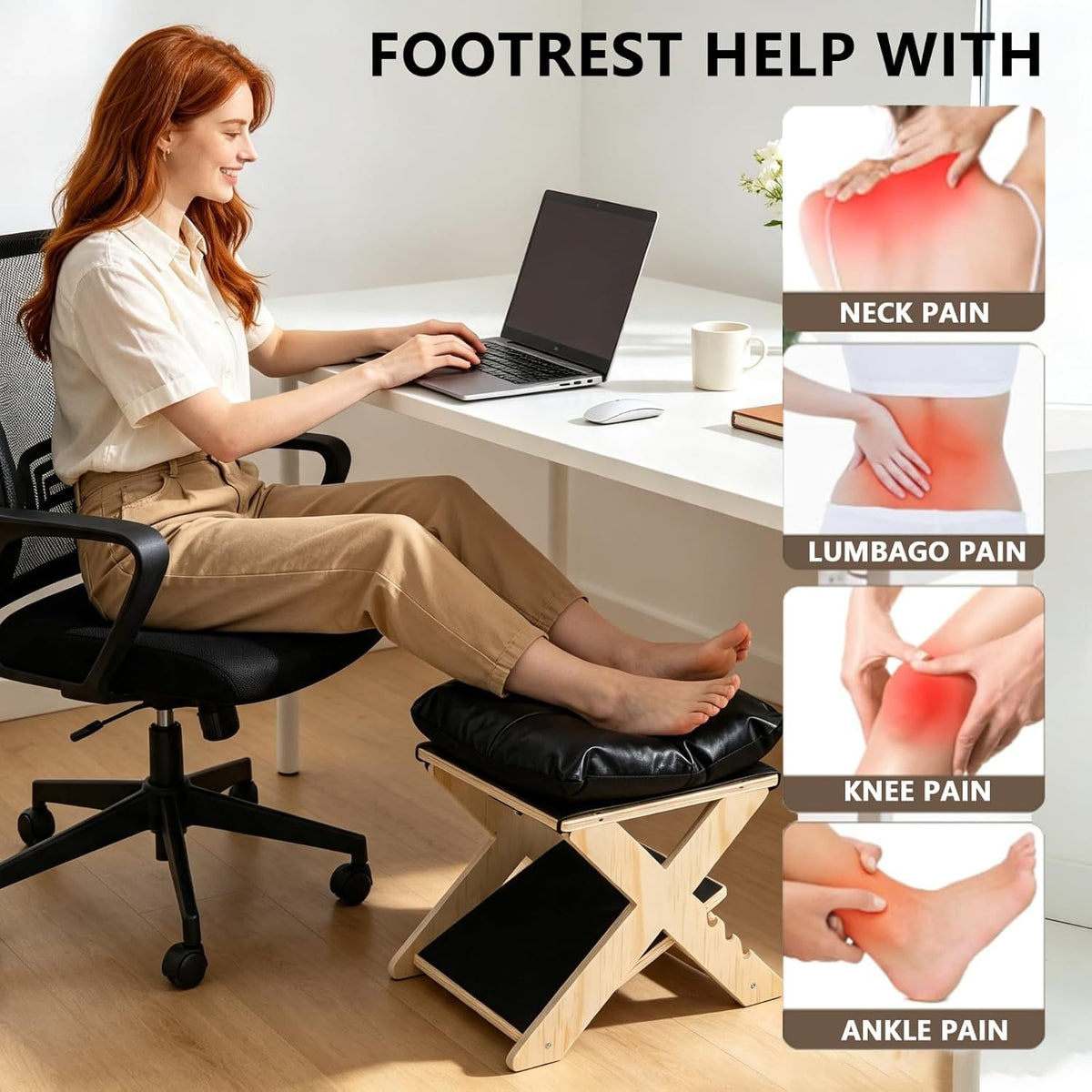 Under Desk Footrest Ergonomic Wooden Foot Stool Foot Rest with 3 Heights