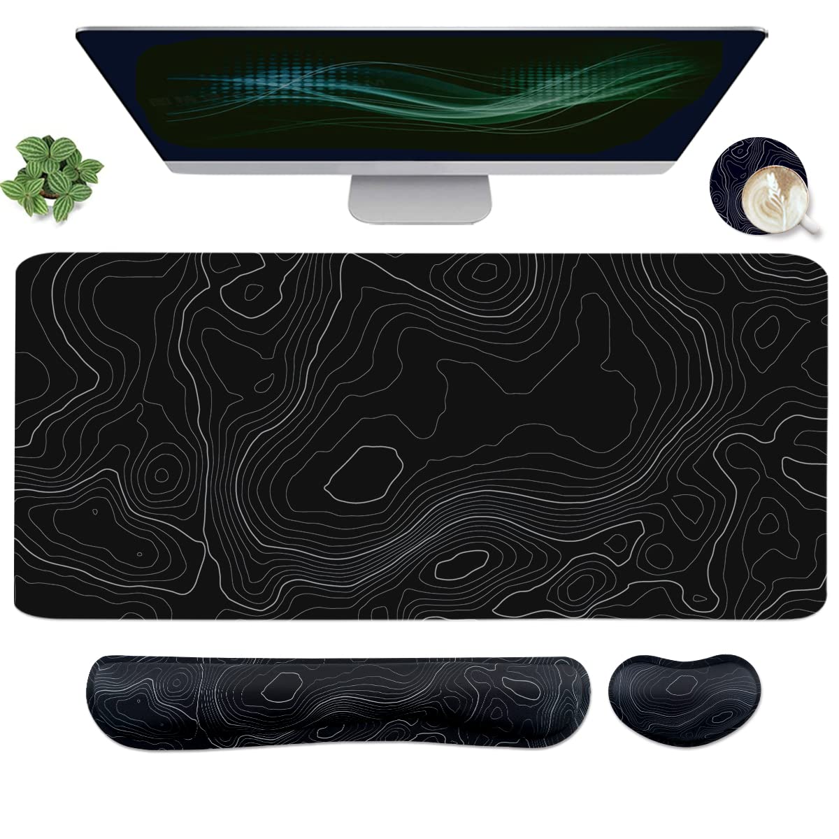 4-in-1 Large Gaming Mouse Pad, Keyboard Wrist Rest Pad & Wrist Support Mousepad Set, Extended Desk Pad Waterproof Desk Mat for Home Office Study Game-Black