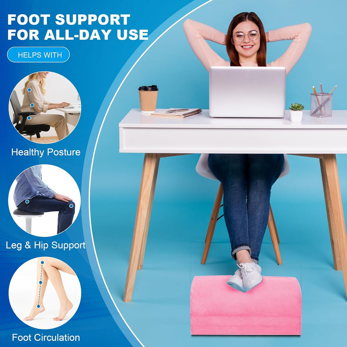 Foot Rest for Under Desk at Work, Foot Stool with Washable Cover, Comfortable Office Desk Accessories, Footrest with 3 Adjustable Heights, for Offices Gaming Chair, for Leg Support